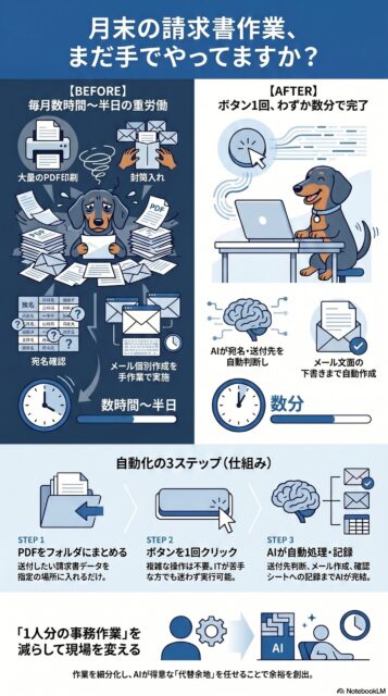 # Instagram キャプション — 請求書送付の自動化
---
月末の請求書作業、毎月何時間使っていますか?
PDFをフォルダに入れて、ボタンを1回。
それだけで、AIが宛名・送付先・メール文面まで自動で用意してくれます。
「うちでもできるかな?」と思ったら、プロフィールリンクから詳しい内容をどうぞ👇
---
#業務効率化 #AI活用 #中小企業 #請求書処理 #業務自動化
#事務作業効率化 #地方企業 #人手不足解消 #時間短縮 #iweb_factory